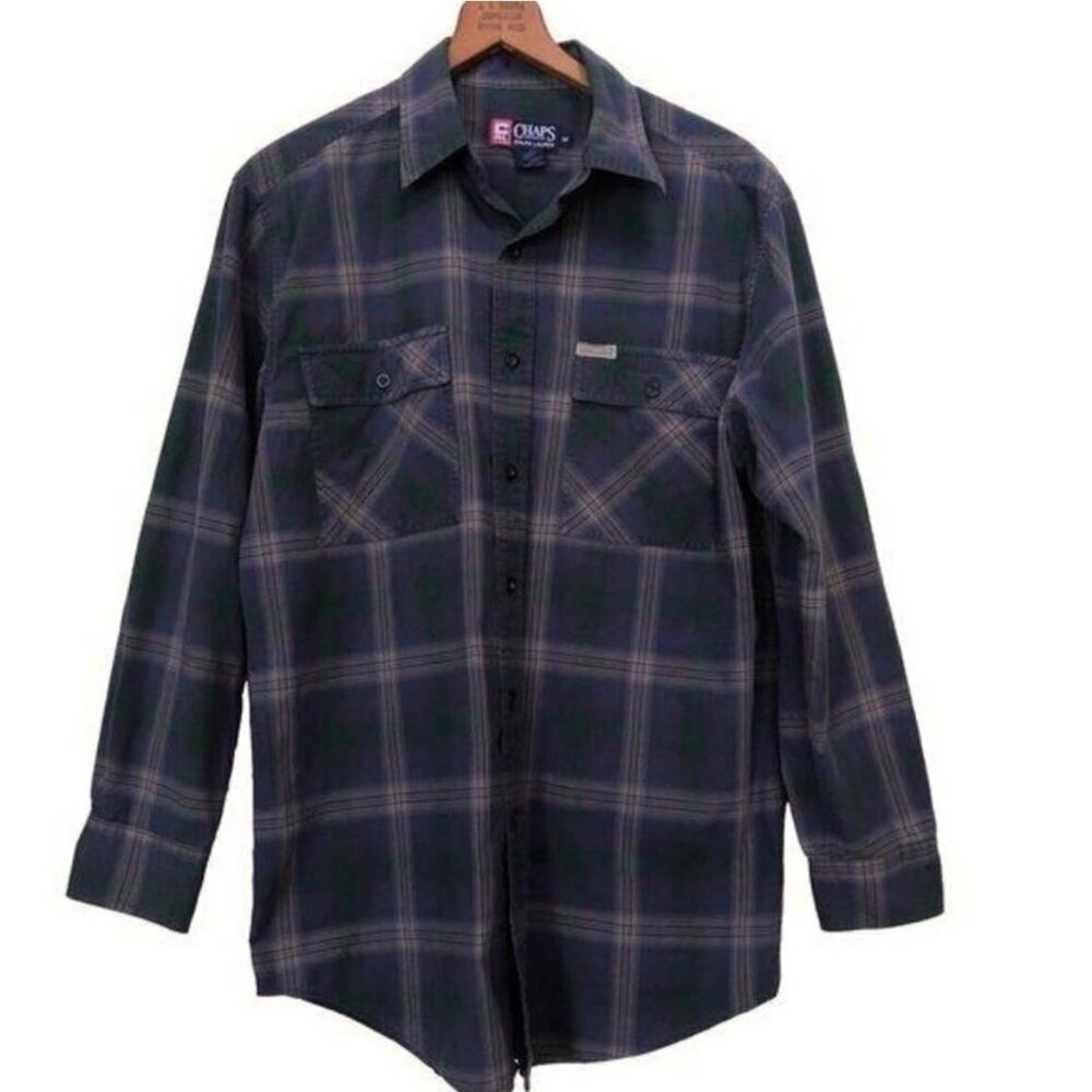 Chaps Mens Plaid Button Up Shirt Size M Blue & Green 100% Cotton Long Sleeve